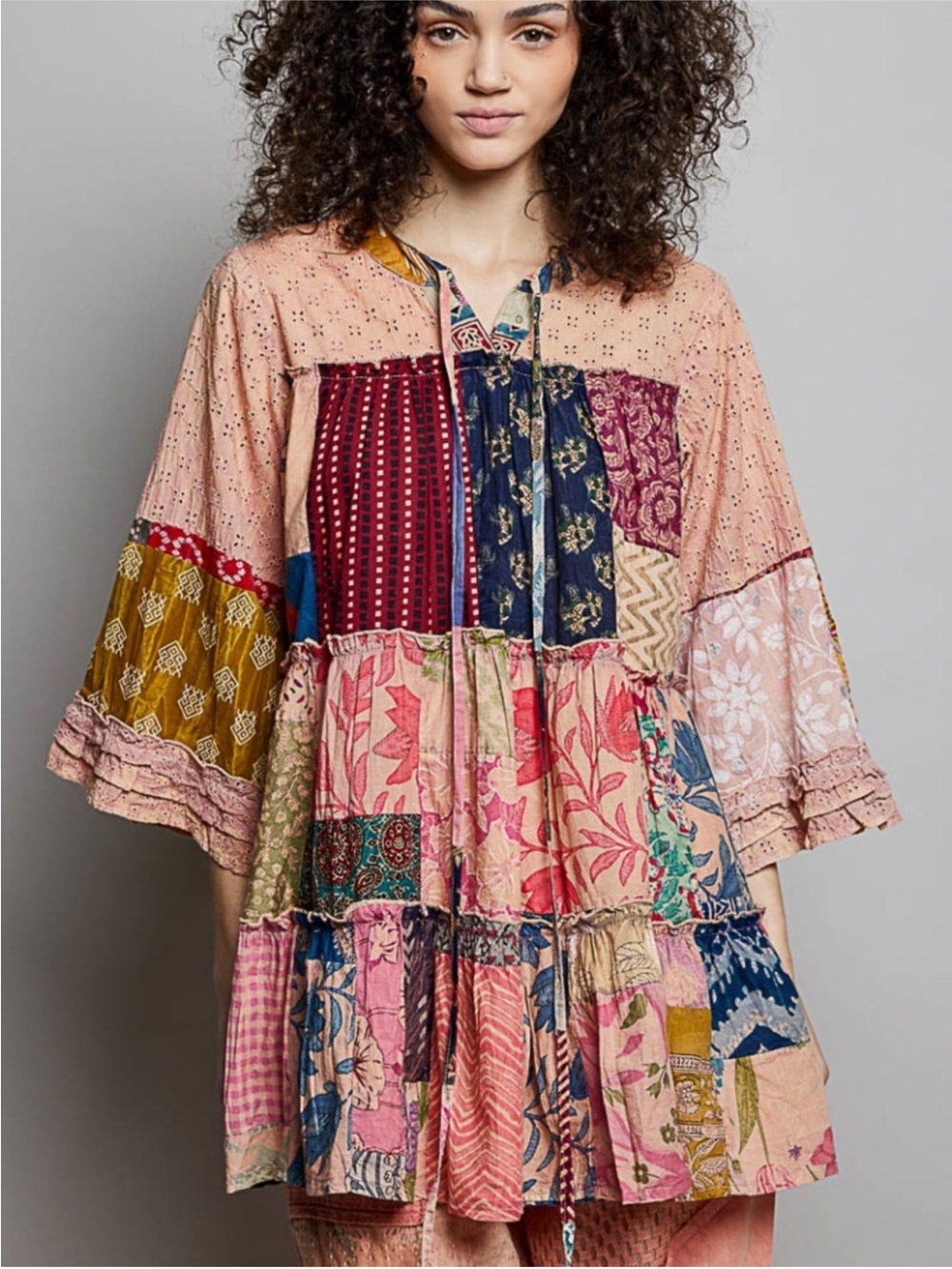 New: POL “Sunday Market” Mixed Patchwork Tie Detail Boho Tiered Tunic• M
